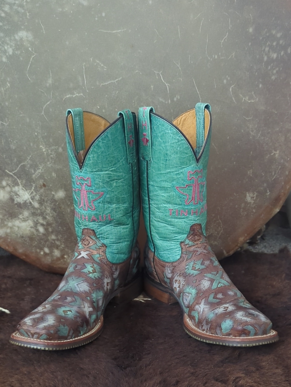 TIN HAUL "Painted Warrior" teal green/blue & brown Aztec square toe boots sz 9.5 - Picture 9 of 16